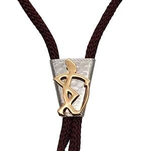 Hickok Bolo Tie Silver Gold Tone Slide Brown Cord Vintage Western Cowboy Lariat